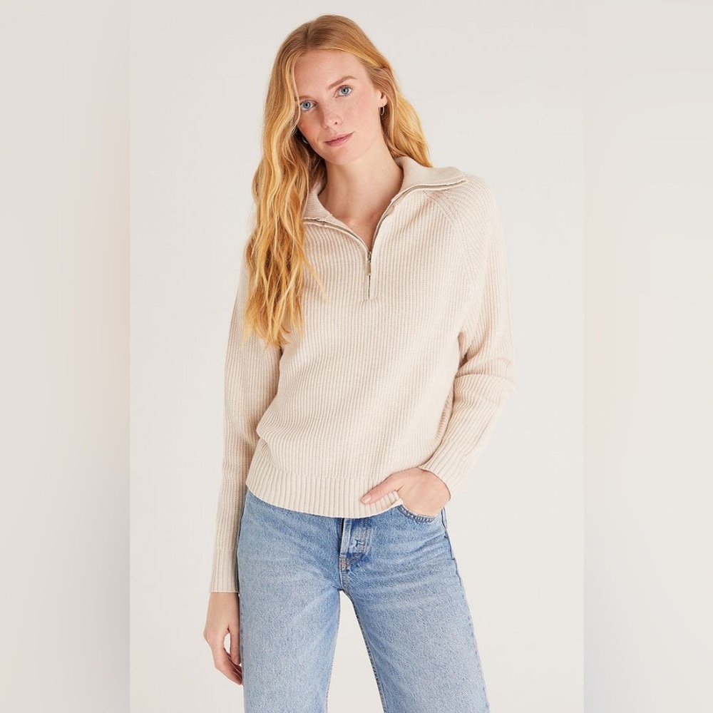 Z-SUPPLY | JAYCE 3/4 ZIP UP OATMEAL SANDSTONE HENLEY COLLAR COZY SWEATER - Picture 3 of 11